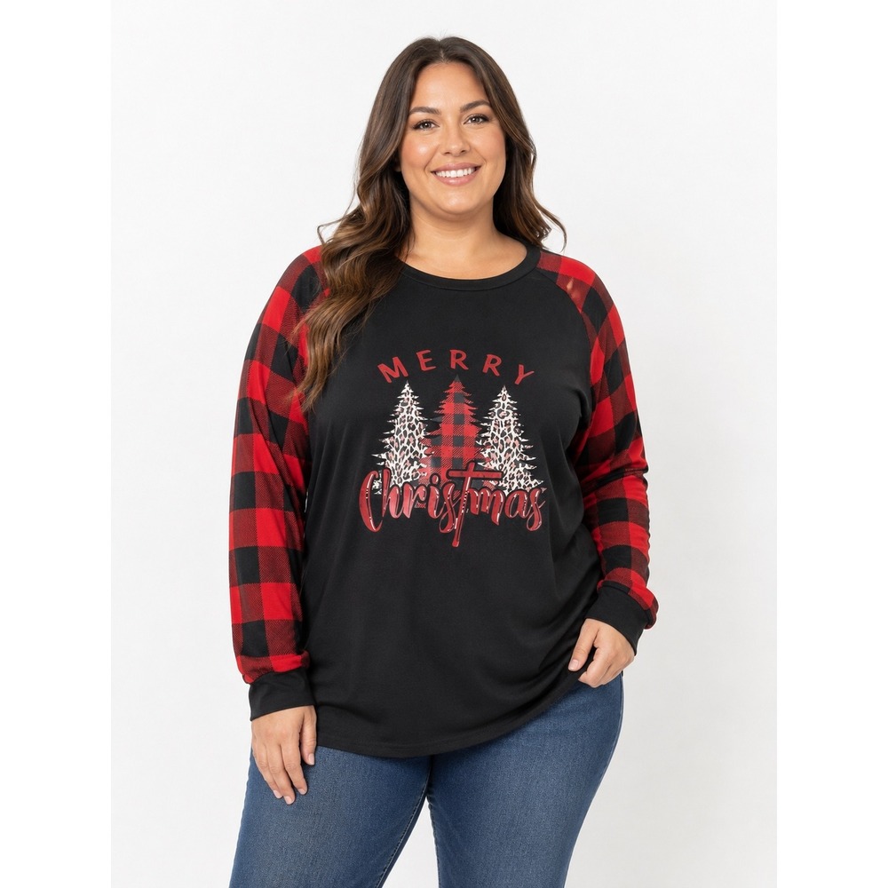 Merry Christmas Graphic Top Womens 2XL Red Black Buffalo Plaid Leopard Raglan